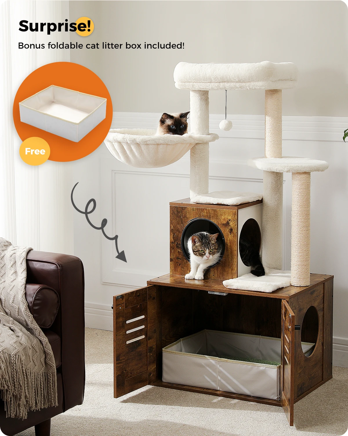 

Multi-Level Cat Tower with Foldable Cat Litter Box Wood Cat Tree with Condo Scratching Post Kitten Bed Cat Accessories Cat Toys