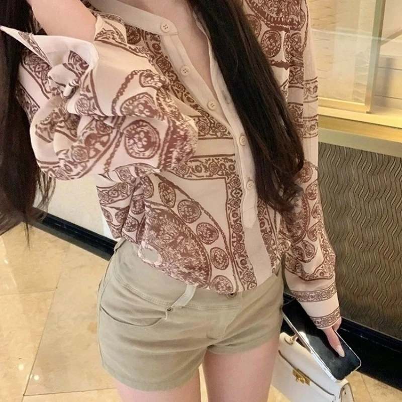 

Temperament Long Sleeve Print Loose Blouse Spring Autumn Thin O-neck All-match Vintage Shirt Tops Korean Trend Women Clothing