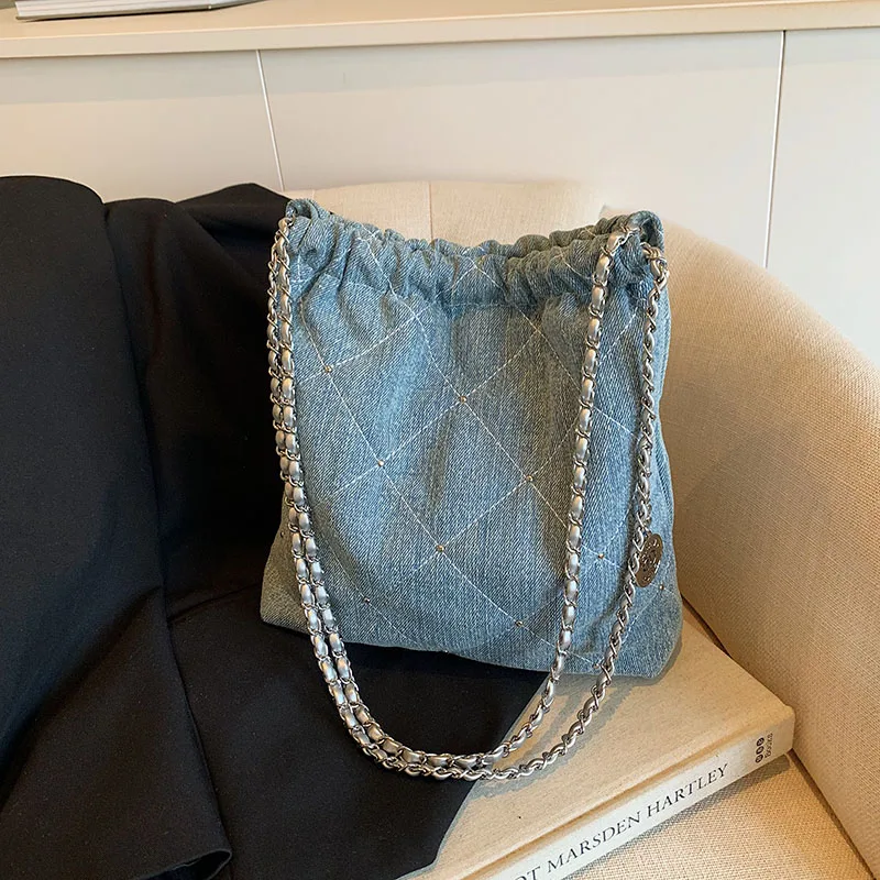 Retro Denim Sense of Luxury Square Shoulder Bags Rivet Chains Diamond Lattice Tote Bags for Women 2024 Fashion Versatile on Sale