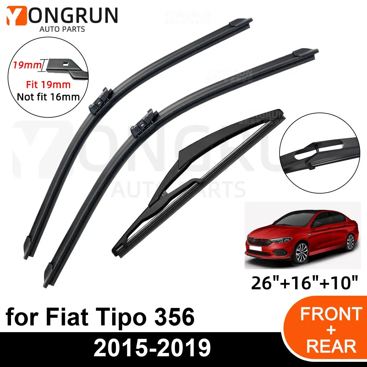 3PCS Car Wiper for Fiat Tipo 356 2015-2019 Front Rear Windshield Four Seasons durable Accessories 2015 2016 2017 2018 2019