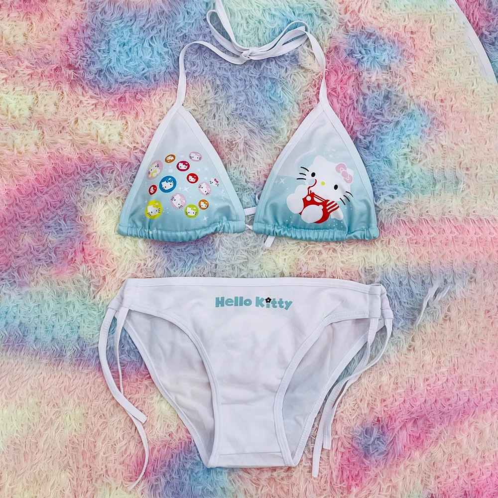 

Японский мультяшный купальник-бикини Kawaii Kitty для женщин и девочек, модный пляжный комплект с градиентом цвета для отпуска и фотосессий