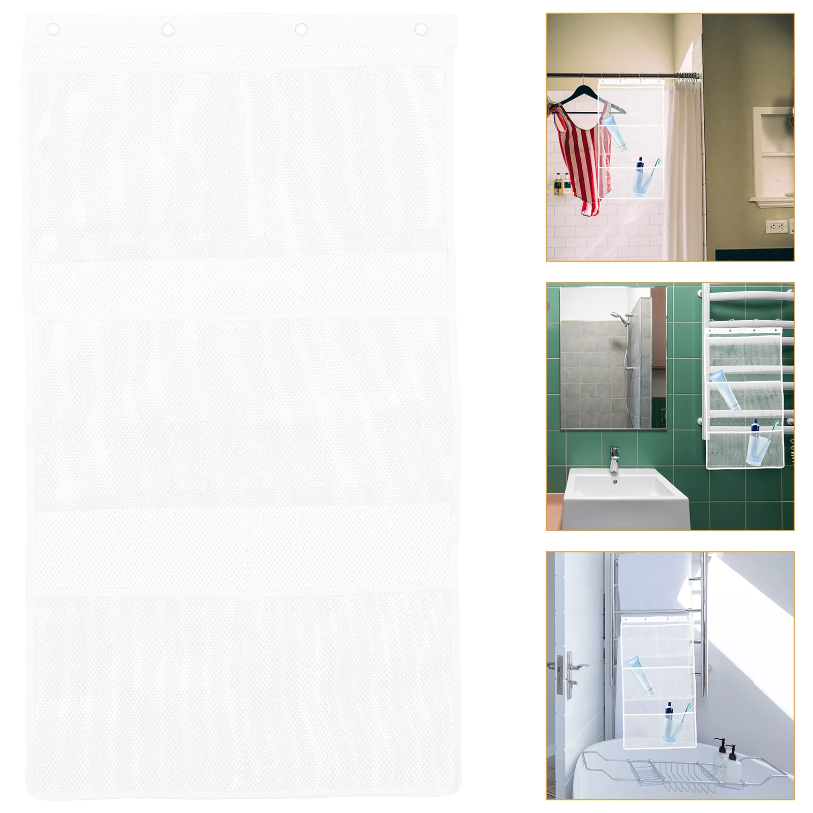 

6 Pockets Mesh Shower Organizer Bath Hanging Storage Bag Polyester Reusable Bathroom With Hook Rings For