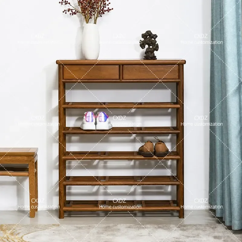 New Chinese Style Solid Wood Shoe Cabinet Entryway Storage Sideboard with Multi Layer Shelves Multifunctional Foyer Furniture