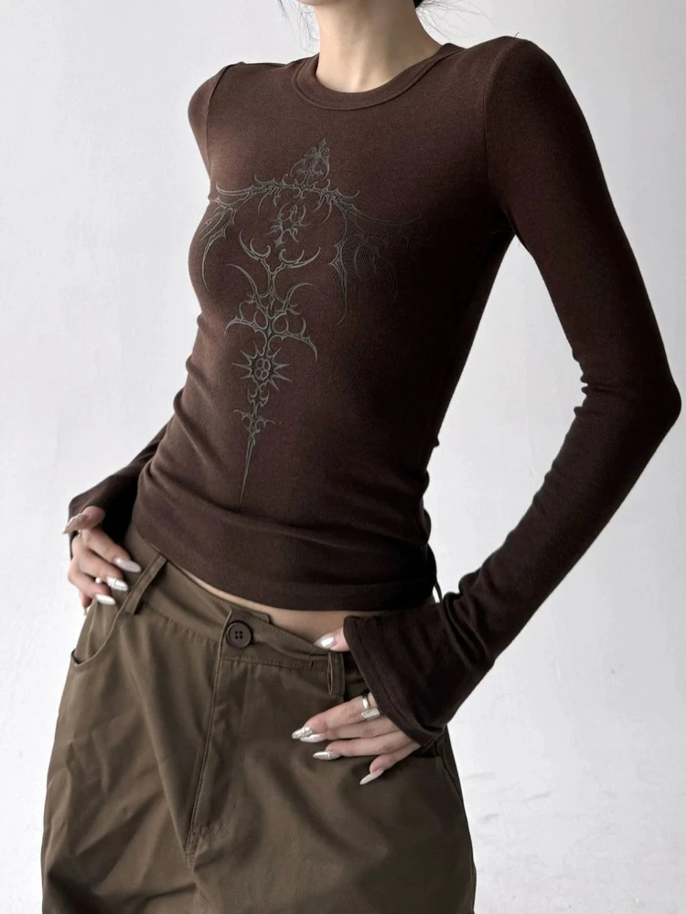 

Deeptown Brown Gothic Graphic Women T-Shirts Black Vintage Long Sleeve Korean Fashion Slim Tees Grunge Gyaru Casual Basic Winter