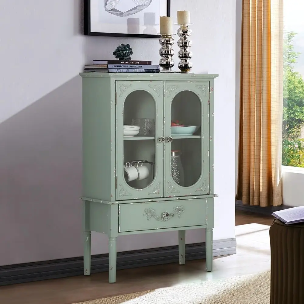 

Wood Accent Storage Cabinet, Tall Wooden Vintage Decorative Display Cabinet with Glass Doors for Entryway, Dining Room, Living