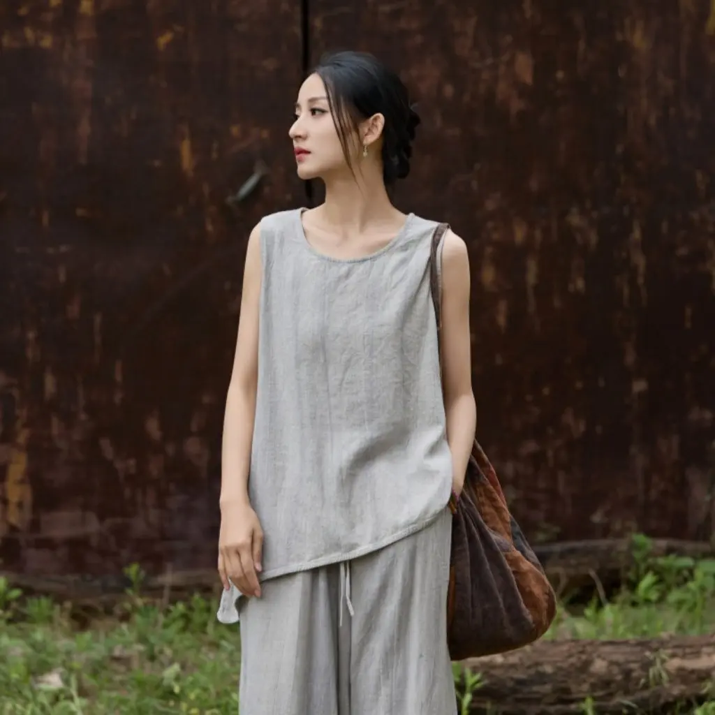 

Women's Autumn Cotton Linen Tie-Dye Vest Sleeveless T-Shirt Artistic Style Loose Slimming Flowy Top New Products
