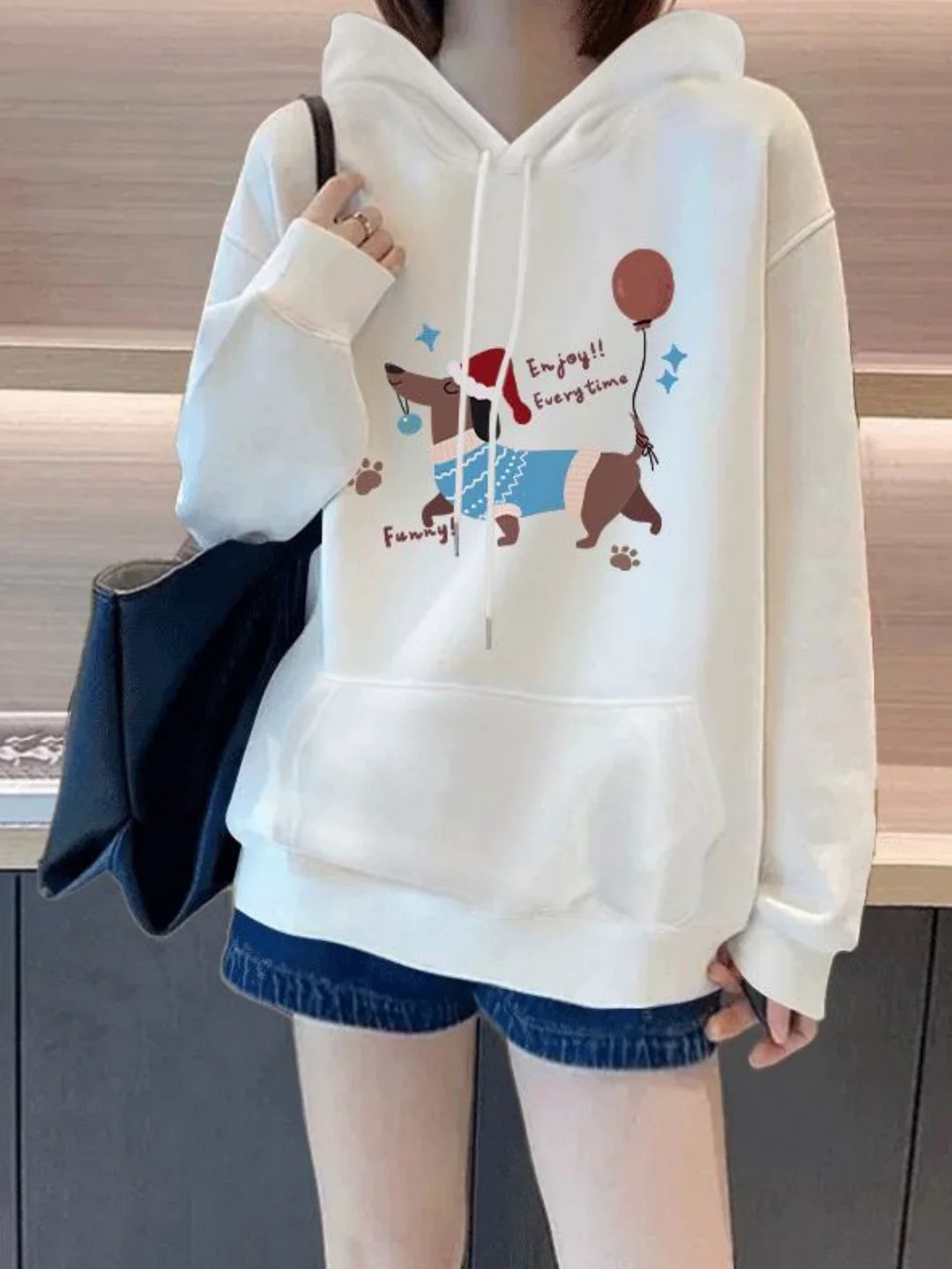 

Loose Fit Women's Hoodie Sausage Dog Cartoon Print White Oversized Long Sve Polyester Fiber Jaet Commute Sle Korean Fa...