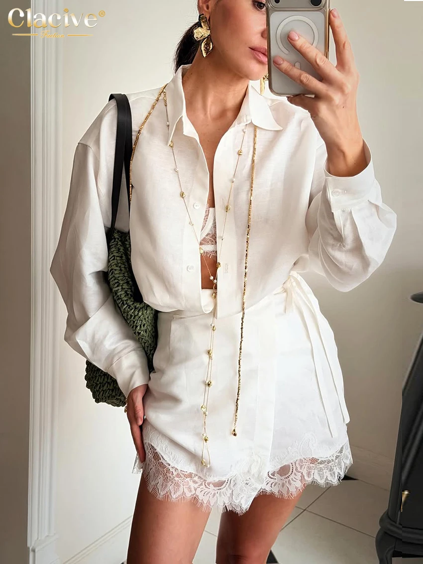 

Clacive Fashion Loose White Cotton Women's Two Pieces Set 2026 Elegant Long Sleeve Shirt With High Waist Mini Skirt Set Female