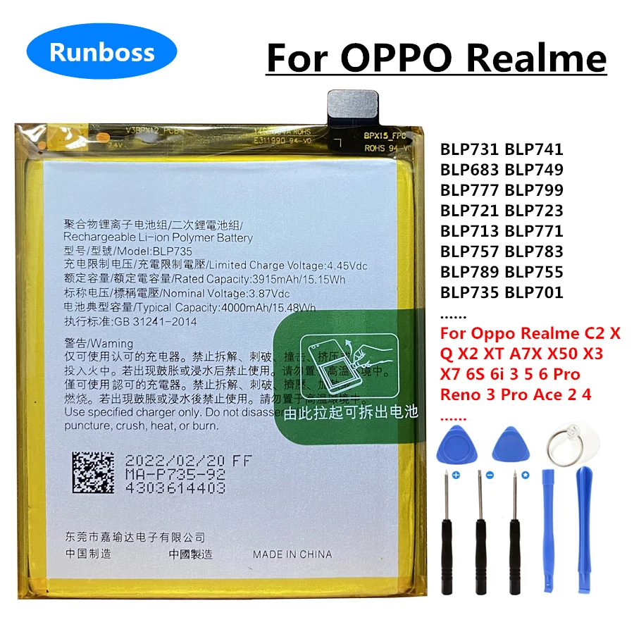 

Phone Battery for Oppo Reno Ace 2 4 Realme C2 X Q X2 XT A7X X50 X3 X7 6S 6i 3 5 6 Pro BLP723 BLP747 BLP783 BLP721 BLP755 BLP799
