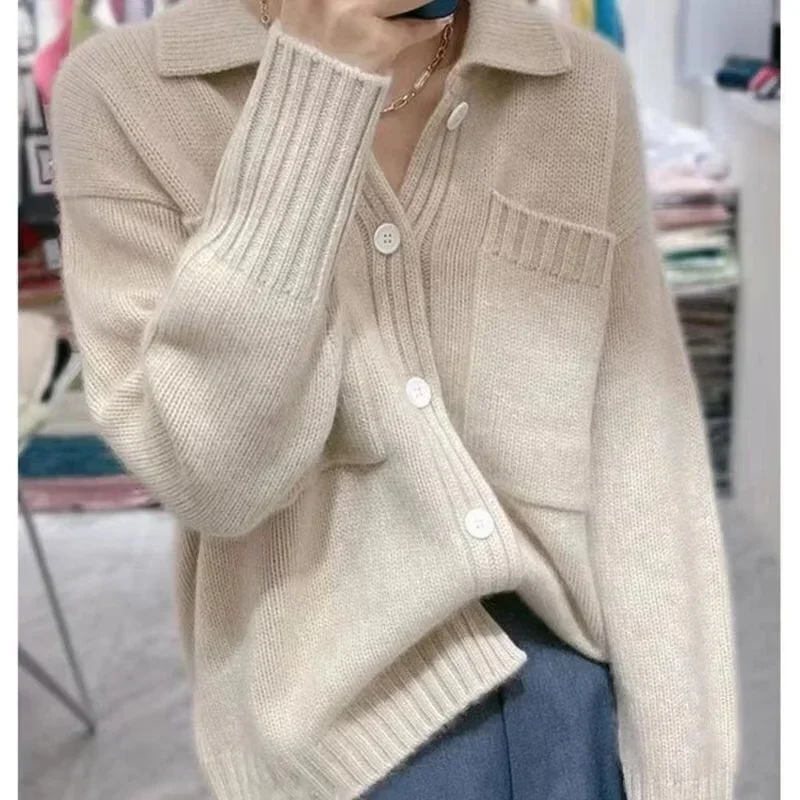 

Tailor Sheep Casual Warm Lapel 100% Pure Wool Ladies Cardigan Sweater Hot Sale Long Sleeve Knit Jacket Women Cashmere Sweater