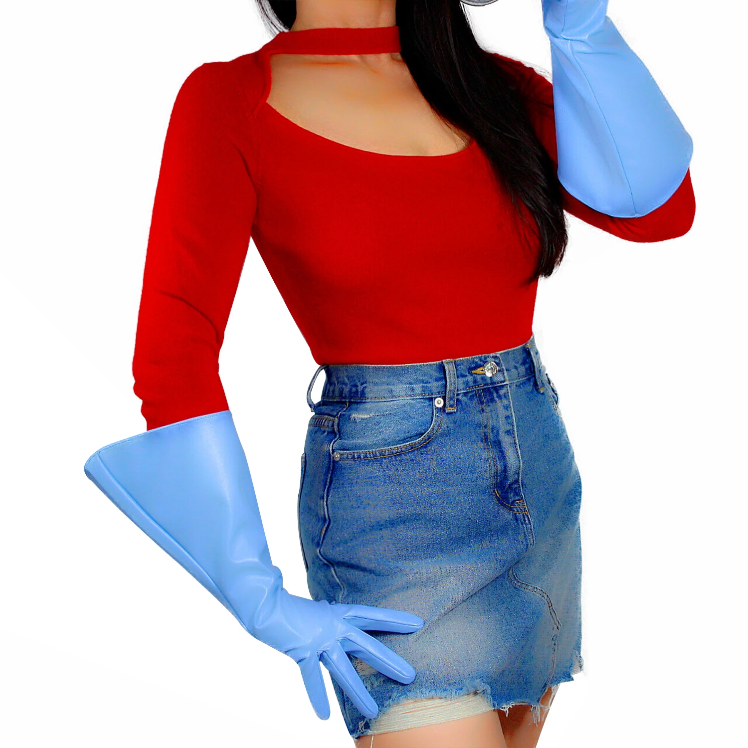 DooWay LONG GLOVES Unisex POWDER BLUE Faux Leather 38cm Elbow Wide Balloon Puff Sleeves L Fashion Wedding Dressing Evening Glove