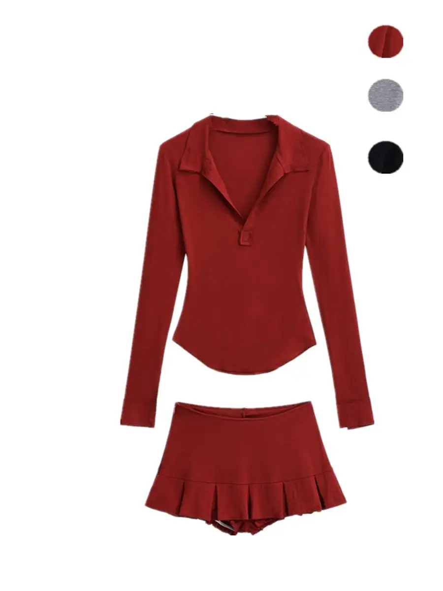 우아한 긴 소매 브이넥 여성 세트 순수한 매력의 스파이시 걸 스타일 허리라인을 돋보이게 하는 스커트와 헴라인 티셔츠 및 반바지