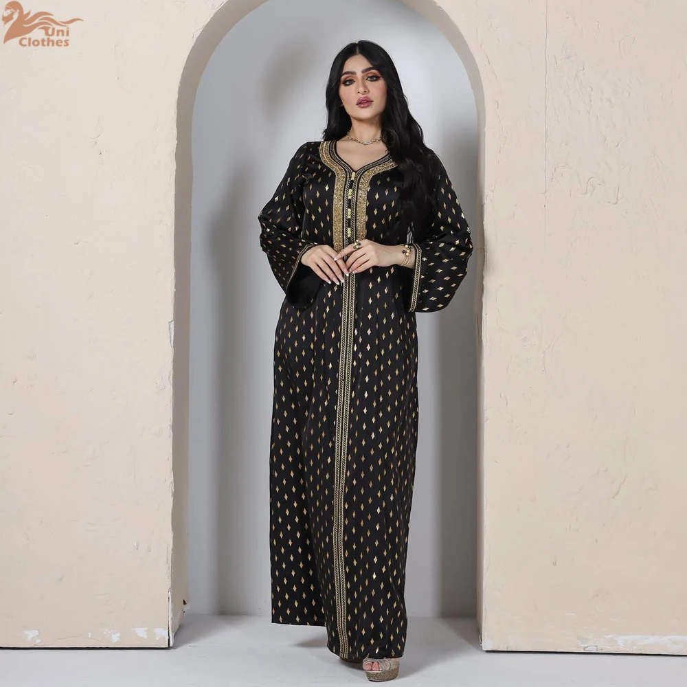 

Muslim Arab Female Loose Casual Retro Ethnic Printing Diamonds V-Neck Full Sleeve Clothing Abaya Women Dubai Long Dress