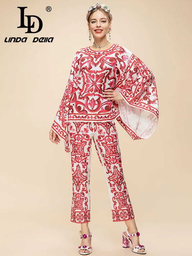 

LD LINDA DELLA New Style Party Set Women's Bohemia Long Sleeve Print Loose Top +Button Straight Trouser 2 Pieces Set