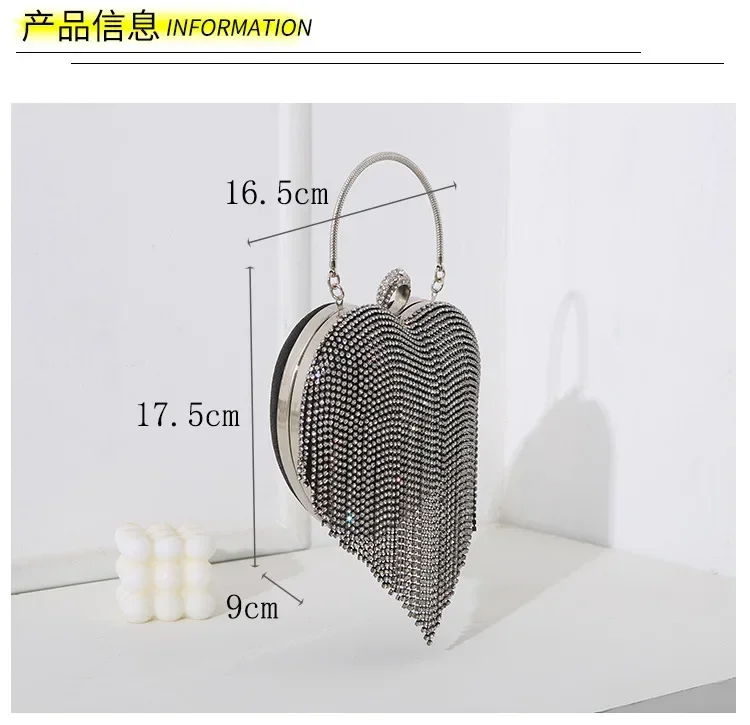 Damen-Handtasche mit silbernem Strass-Herzmuster, Diamant-Quaste, Bankett-Clutch, Hochzeits-Braut-Abendtasche – Detail 3