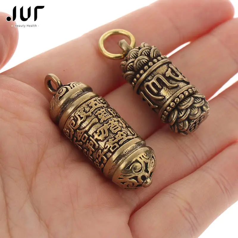 Hollow Brass Buddha Bottle Sutra Cylinder Pendant Keychain Handmade Vintage Pill Box Container Bottle Keychains Pill Case Bottle