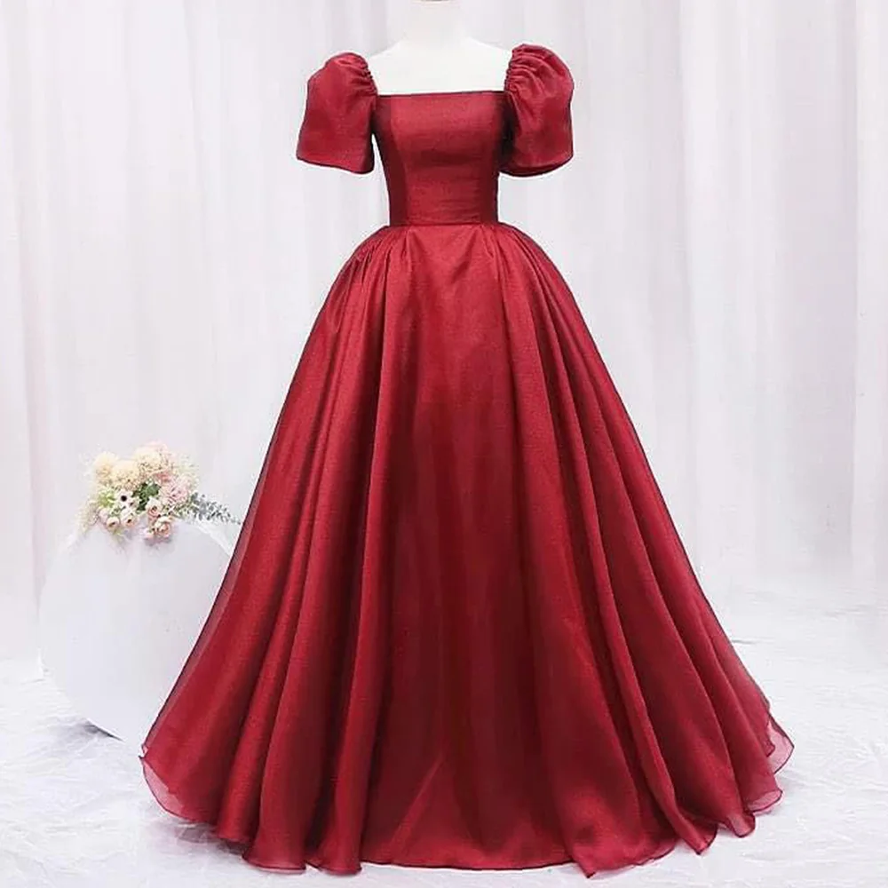 

Square Neck Short Sleeves Chiffon A-Line Floor Length Lace Up Back Ruffles Solid Color Elegant Evening Dresses Woman Custom Size