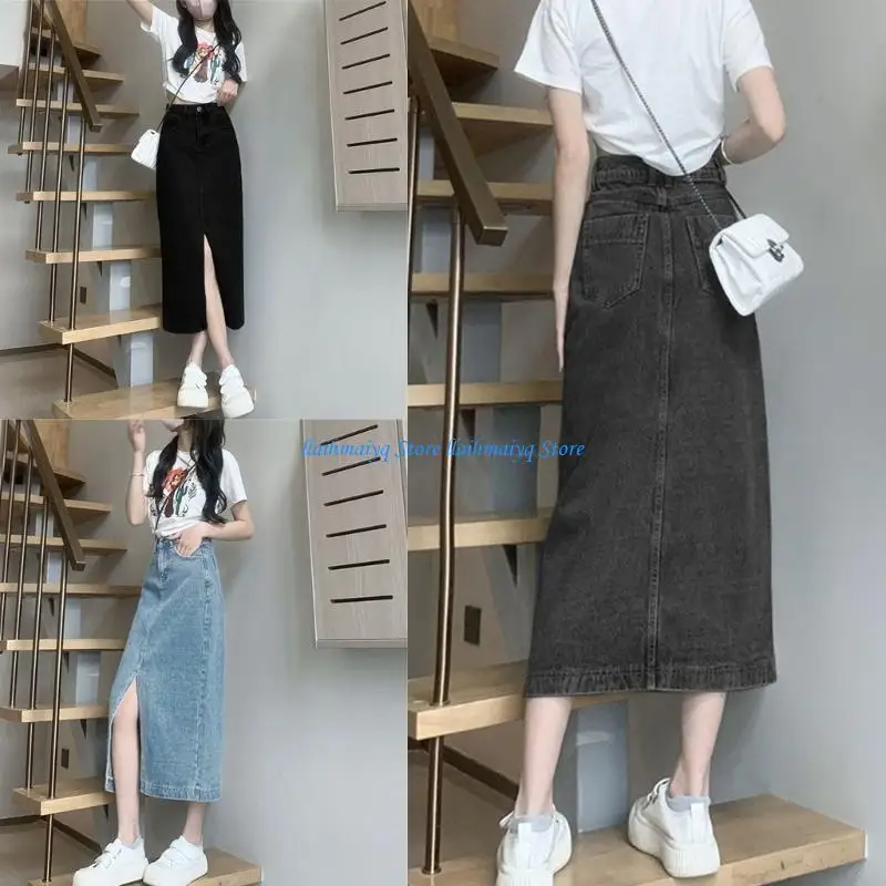 573B Women Summer High Waist Flared A Line Jeans Skirt Split Front Denims Long Skirts