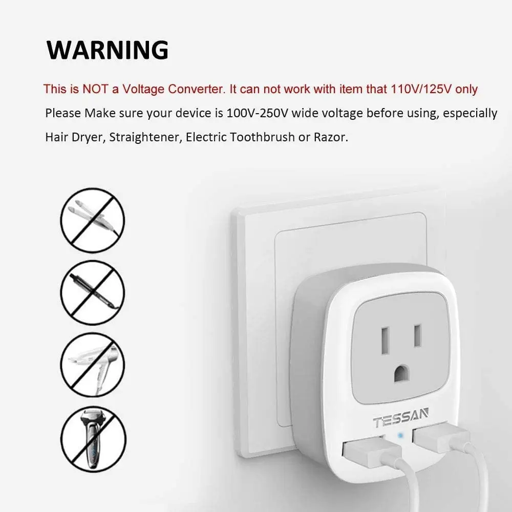 TESSAN 3 in 1 Type G Travel Power Plug Adapter with 1 AC Outlets & 2 USB Ports, US to UK Travel Adapter for Ireland Scotland