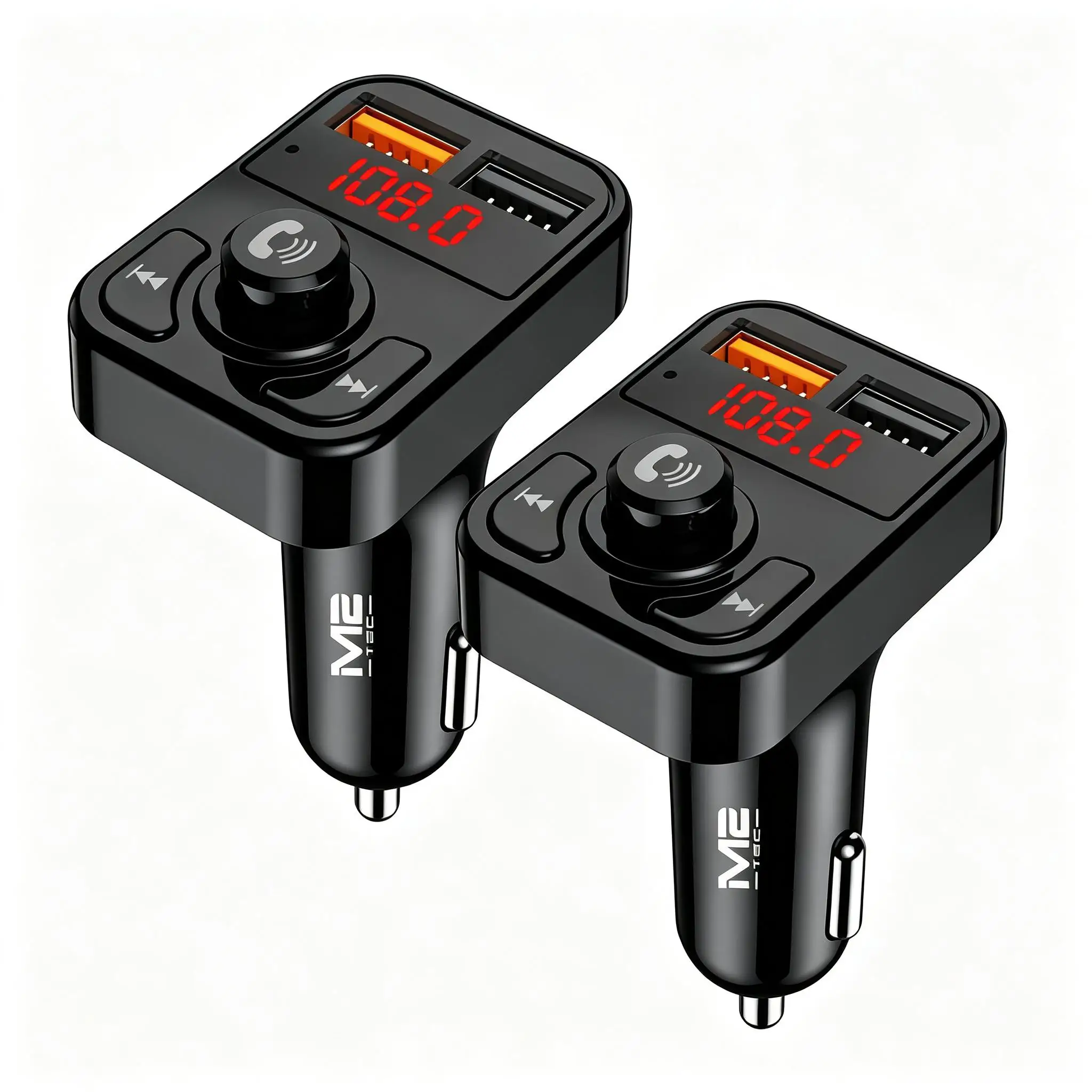 2-pack Bluetooth FM-zender voor auto, muziekadapter voor autoradio's, Bluetooth handsfree voor sigarettenaansteker, 2 USB-poorten