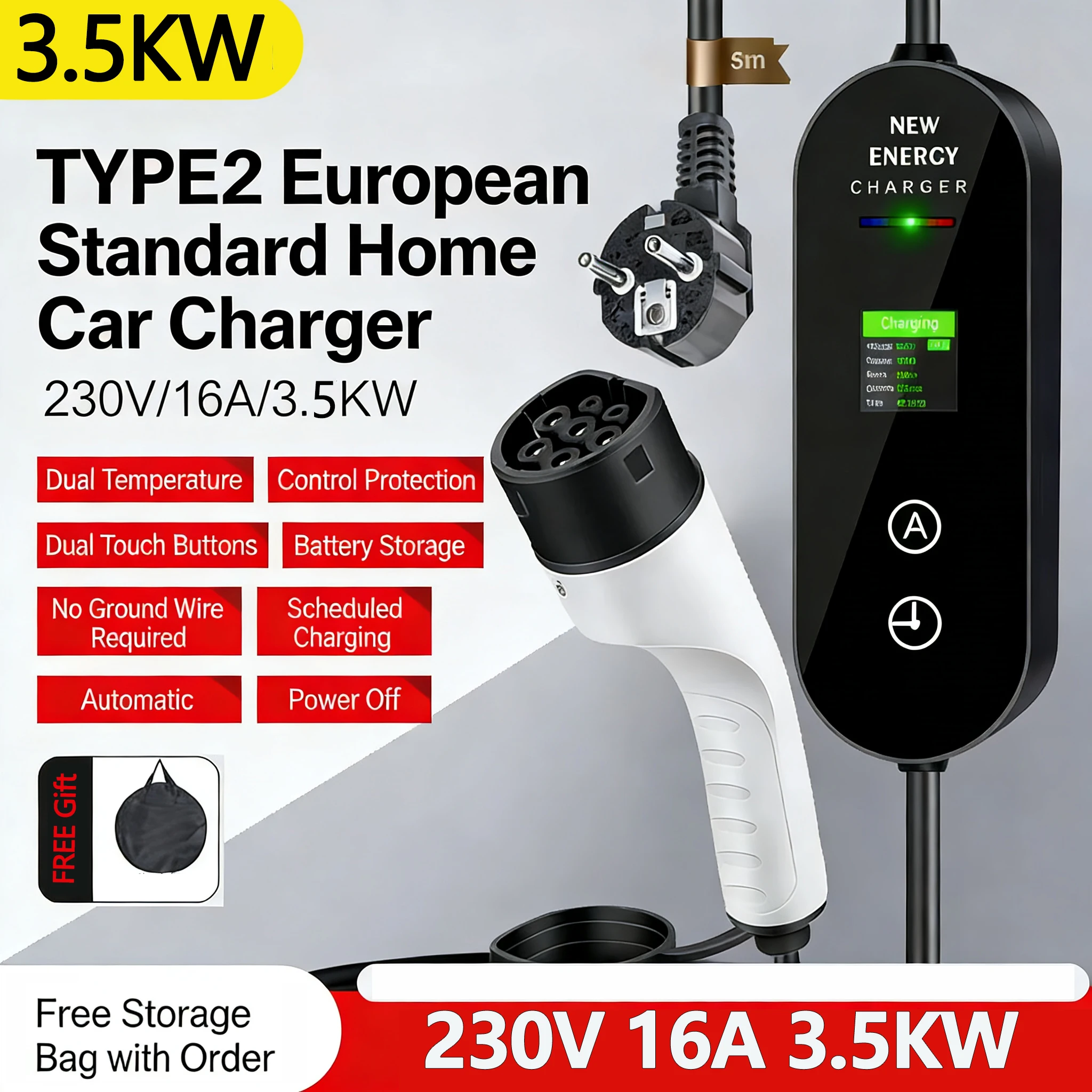 EV Portable Charger Type2 / GB T Connector 16A 1Phase 3.5KW 5m Wallbox Charging Station for Electric Vehicle