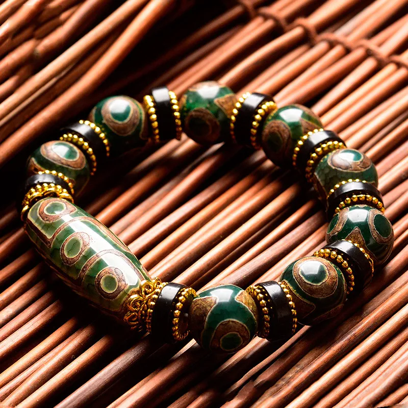 Natural Tibetan Agate Three and Nine Eye DZi Bracelet, Men's and Women's Ethnic Jade Bracelets