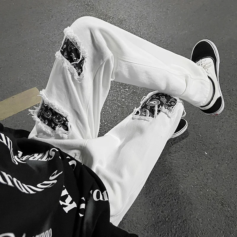 

White Ripped Thin Denim Jeans Men Women Summer High Street Trend Ins Waist Nut Flower Design Casual Straight Leg Trousers