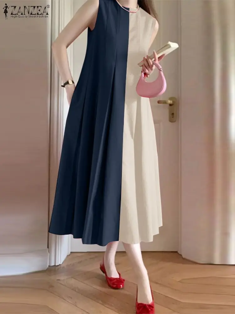 

ZANZEA Summer Colorblock Long Sundress Korean Casual Sleeveless Tank Dress Holiday 2024 Fashion Pleating Loose Robe Oversized