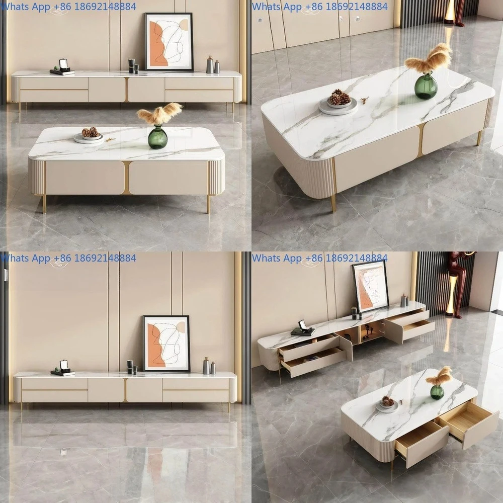 

Glossy Stone Slab Coffee Table TV Stand Set for Small Living Room Modern Minimalist Design