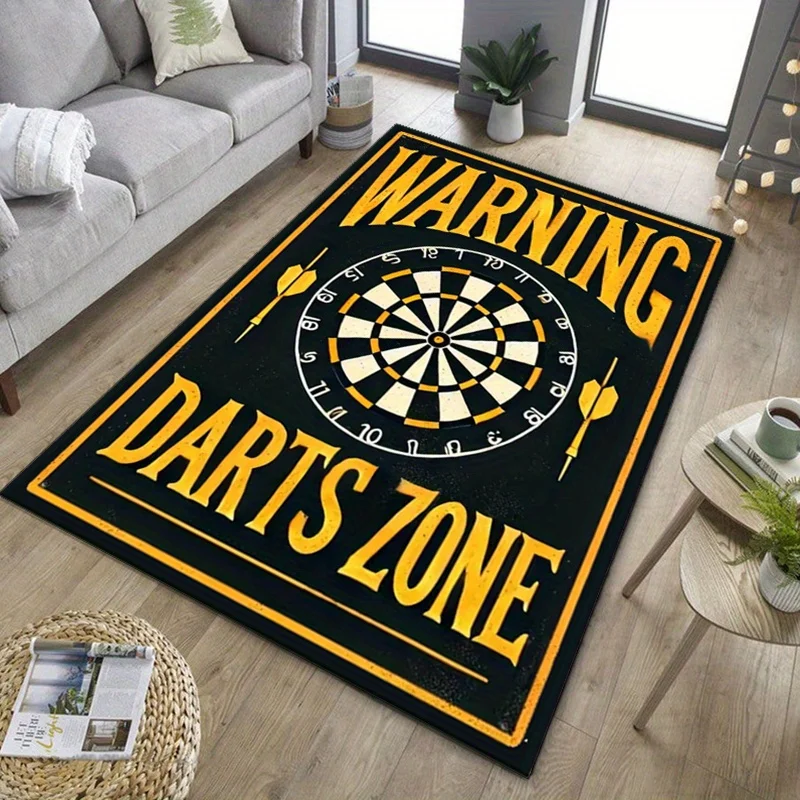 WARNING DARTS ZONE 3D Printed Mat - Bold Black & Yellow Design with White Dartboard & Arrows | Durable Flannel Mat for Living Ro