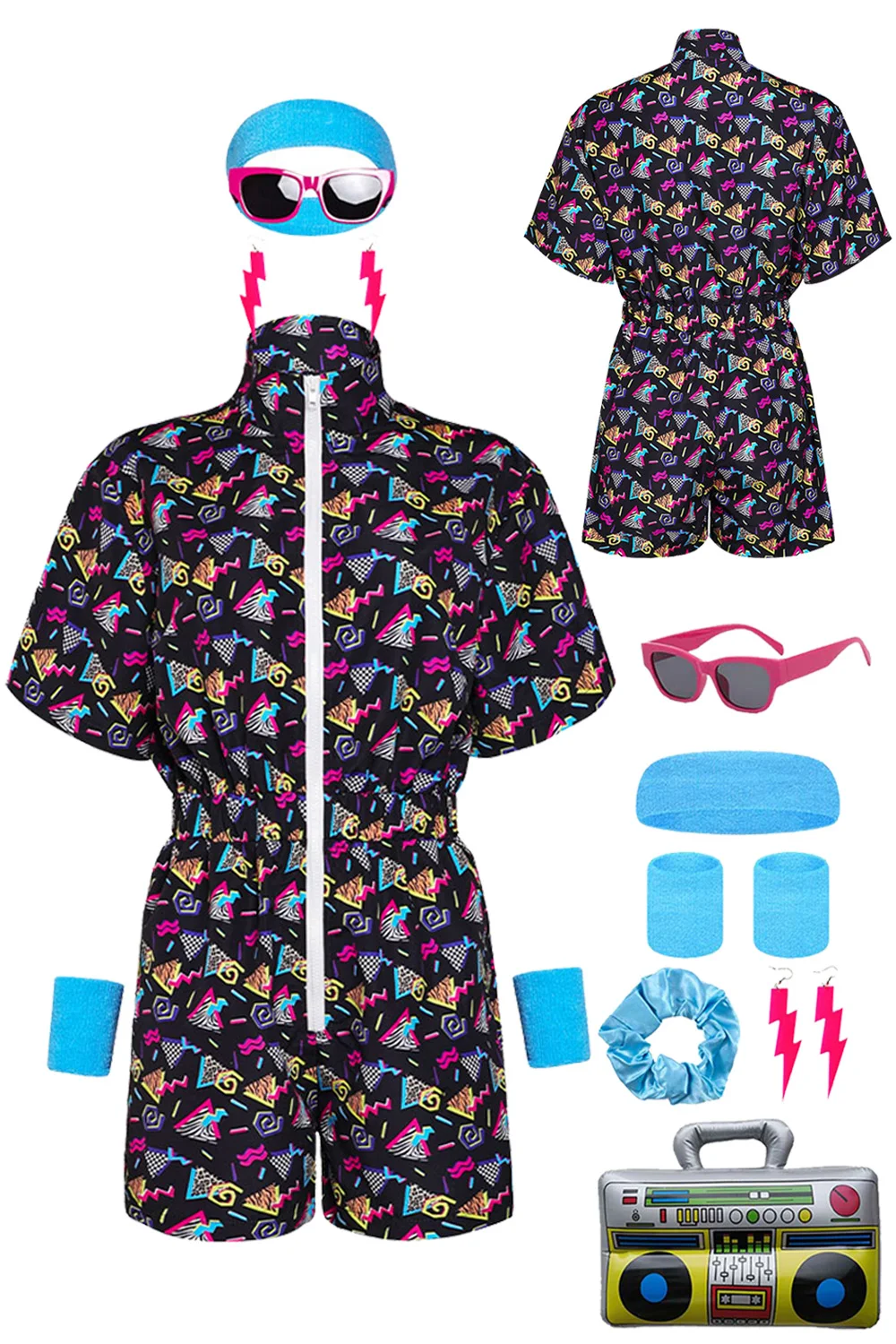 80S Retro Hip Hop Disco Cosplay Summer Tracksuit Costume Vintage Disguise Earrings Hairband Props Adult Halloween Role play Suit