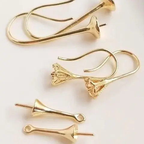 14K Gold Color Half Drilled Bead Needle Long Crystal Pearl Earring Hook Pendant Tray DIY Jewelry Making Material E021