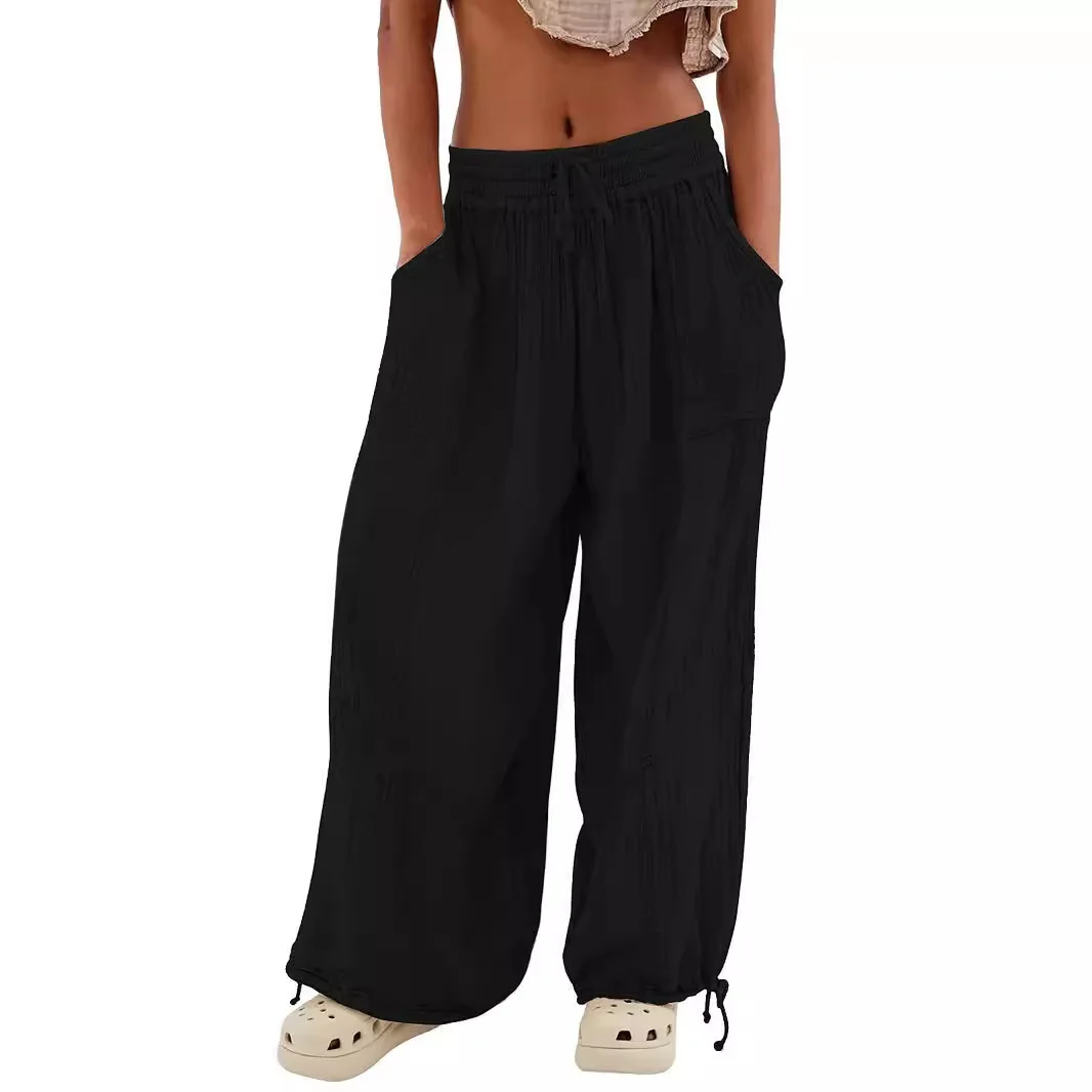 New In Women All-match Drawstring Solid Color Commuter Trousers For All Seasons Women Casual Wide-leg Trousers Pantalones Largos