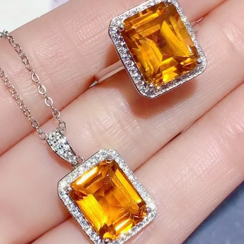Natural Citrine 925 Silver Jewelry Set with Certificate 9*11mm Emerald Cut Gemstone Pendant Necklace Ring Handmade Fine Jewelry