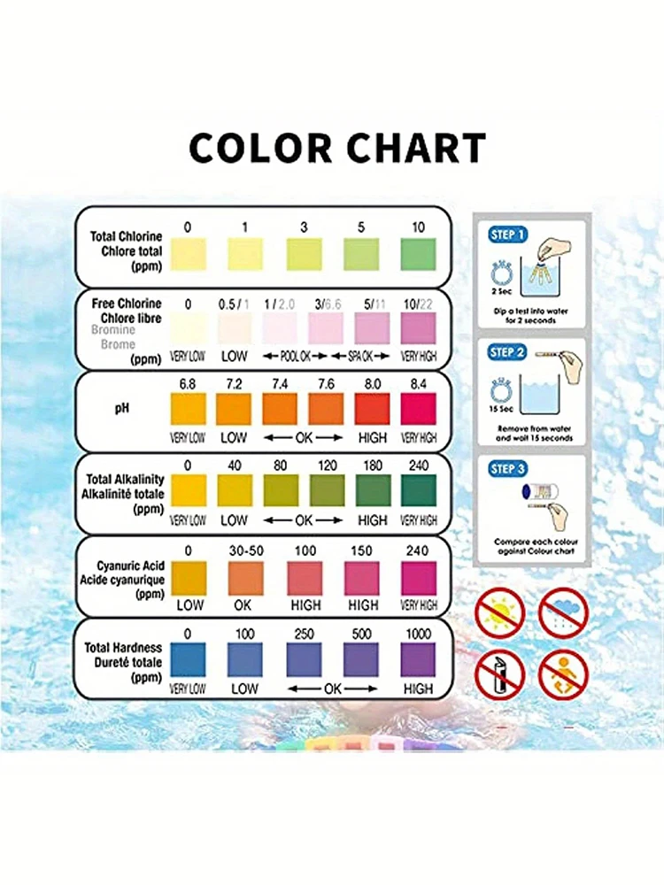 50 szt. 6-drożny basen paski testowe Spa Test wody paski testowe na twardość kwasu cyjanurowego o zasadowości bromu w Ph chloru do ogrodu