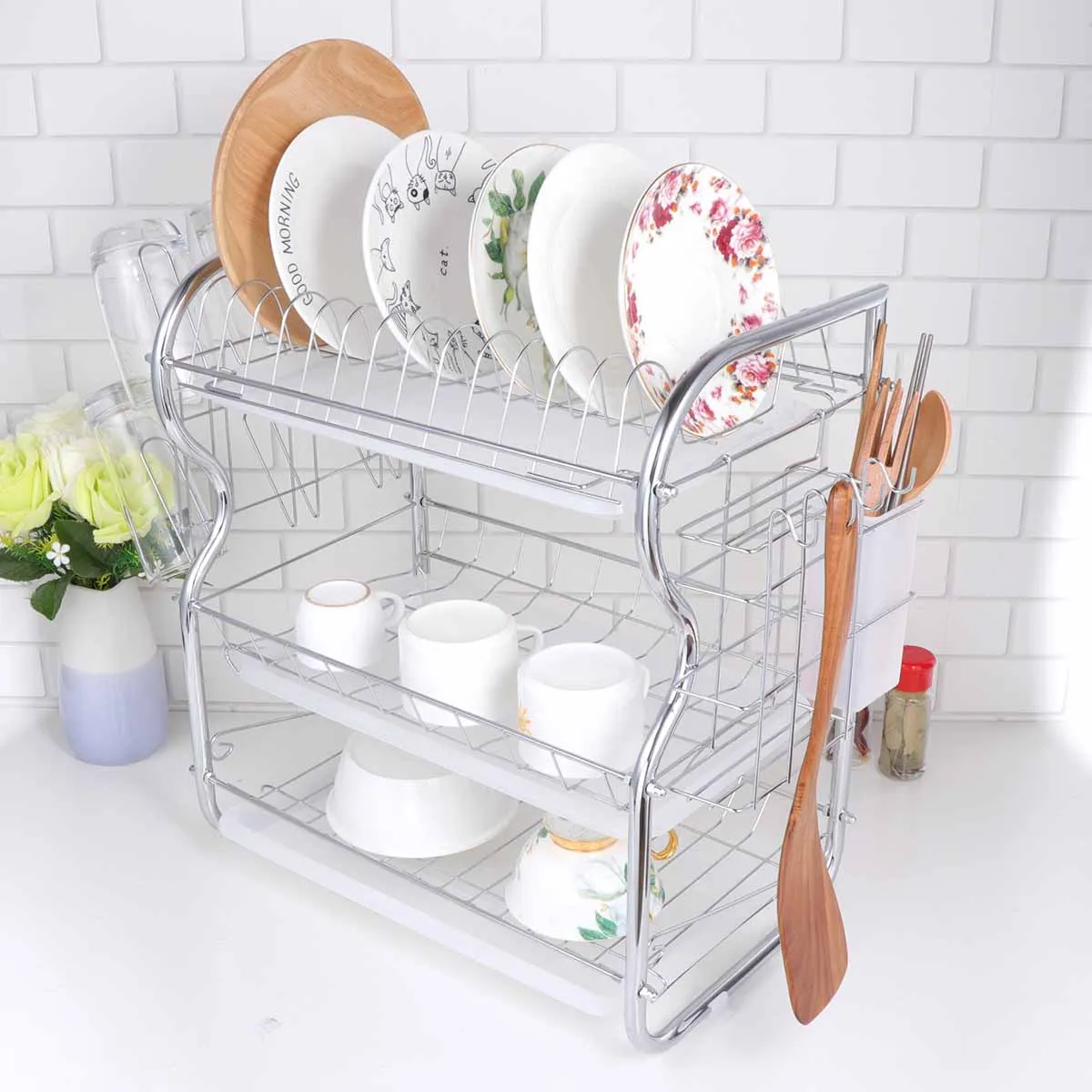 

3 Layer Kitchen Dish Drying Rack Storage System Heavy Duty Iron Art Plates Mugs Bowls Organizer Stable Dishes Storage