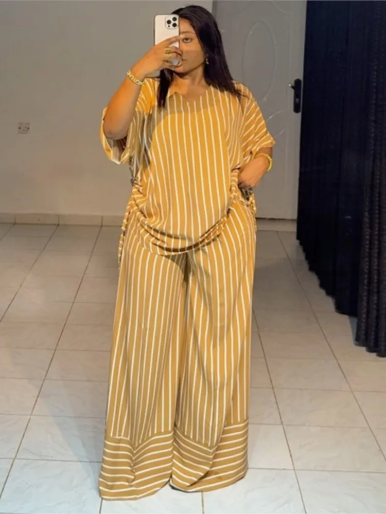 

Casual Stripe 2 Piece Suit Women Loose V-neck Drawstring Tops Loose Wide Legs Trousers Two Piece Set Female Commuting Pants Sets