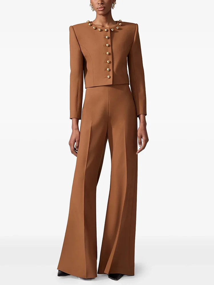 

HIGH STREET Newest Fashion 2025 Designer Runway Suit Set Women's Round-neck Simple Buttoned Decor Short Jacket Pants Suit 2pcs