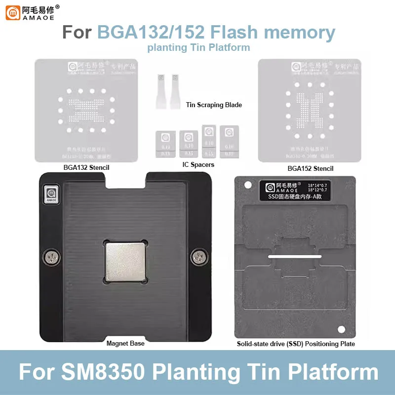 AMAOE BGA132 Zestaw siatki lutowniczej do dysków SSD USB Flash BGA132 BGA152 Flash Chip IC Naprawa magnetycznej platformy cyny do sadzenia