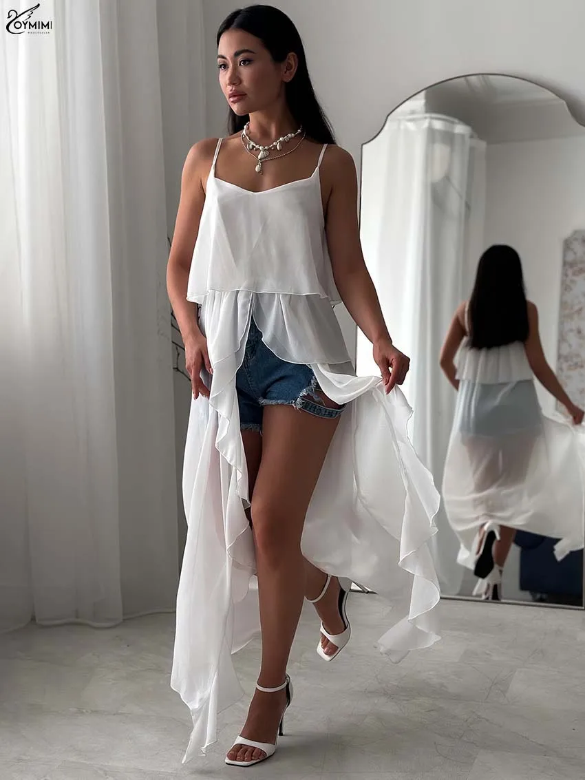Oymimi Autumn White Loose Women Shirts Fashion Spaghetti Strap Open Back Patchwork Blouses Casual Ruffled Translucent Blouses