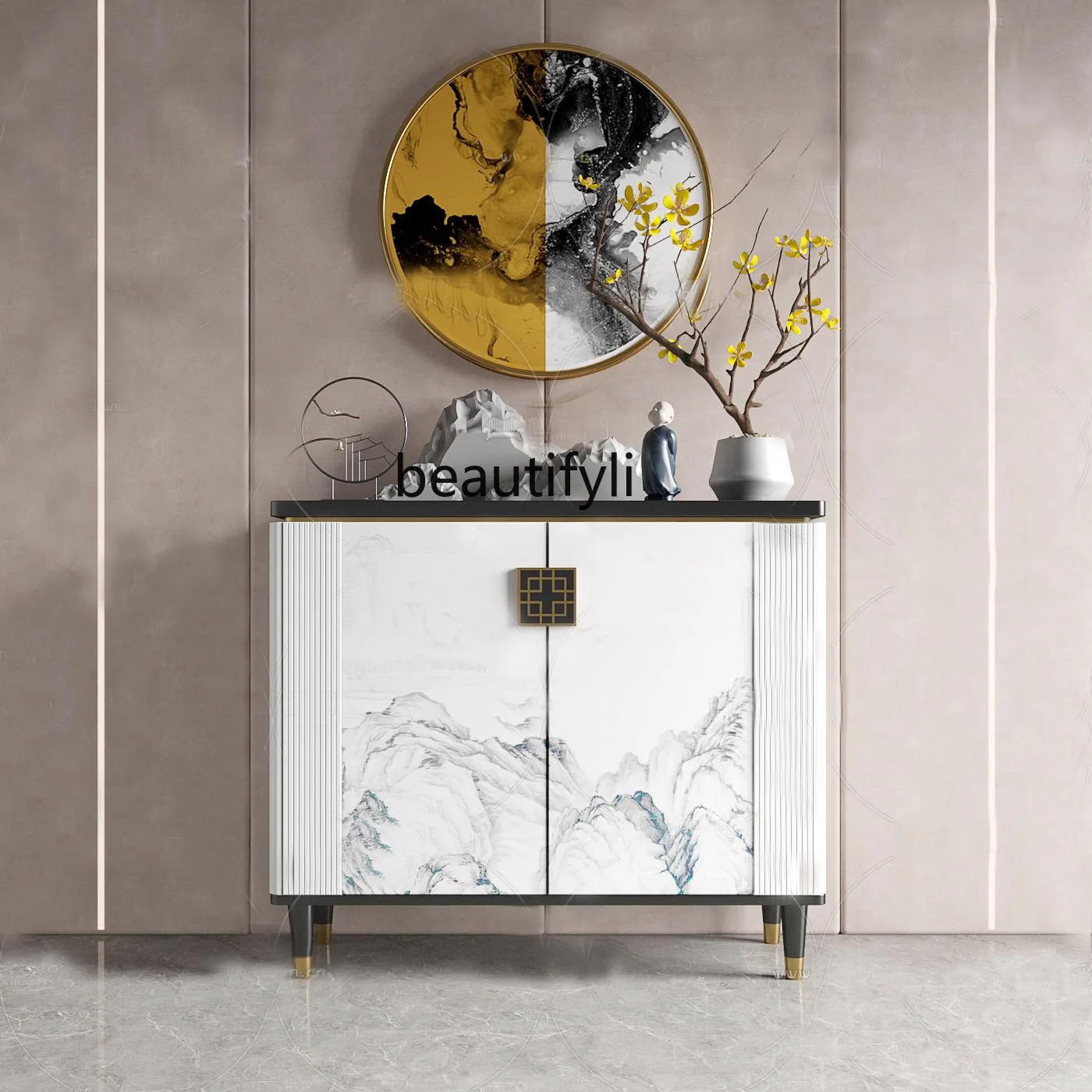 Chinese light luxury dining side cabinet popular painted art entrance cabinet modern solid wood shoe cabinet hotel