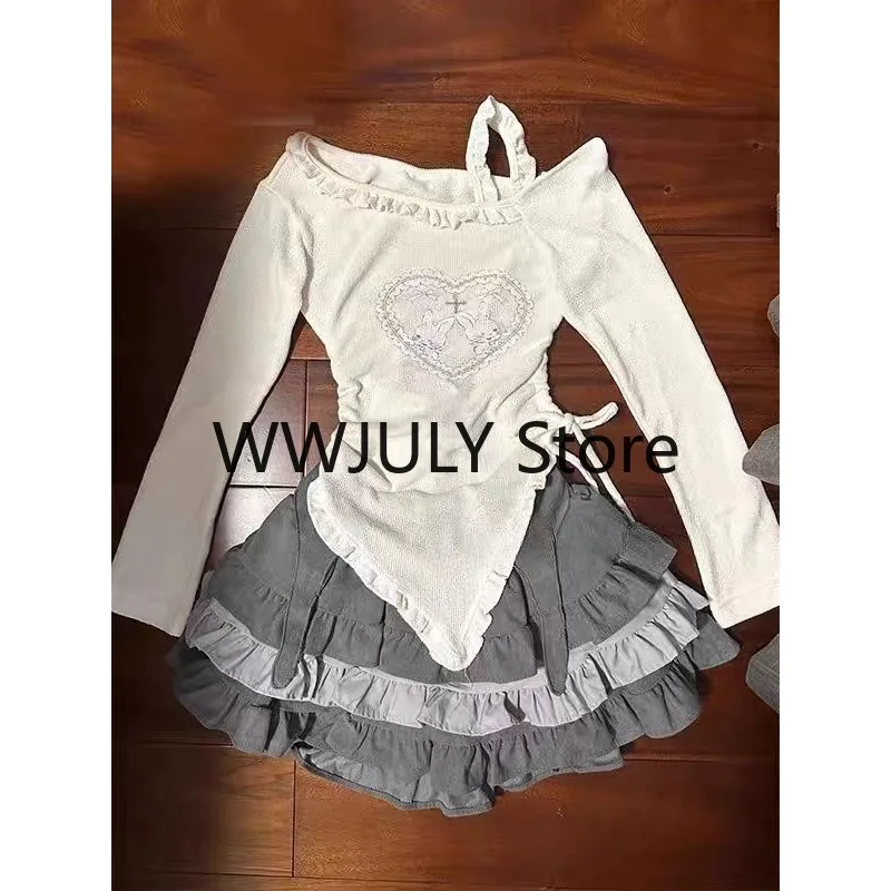 Kawaii 2 Piece Skirt Set Casual Women Cute Print Blouse + Y2k Mini Cake Skirt Japanese Style Fashion Suit Girls 2023 Autumn Chic