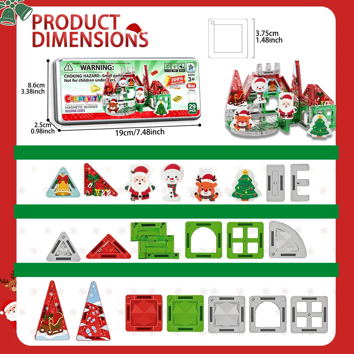29Pcs Magnetic Tiles Building Blocks,Interactive Diy Construction Toy,Reative Magnet Bricks Kit,Christmas Party Diy Building Toy