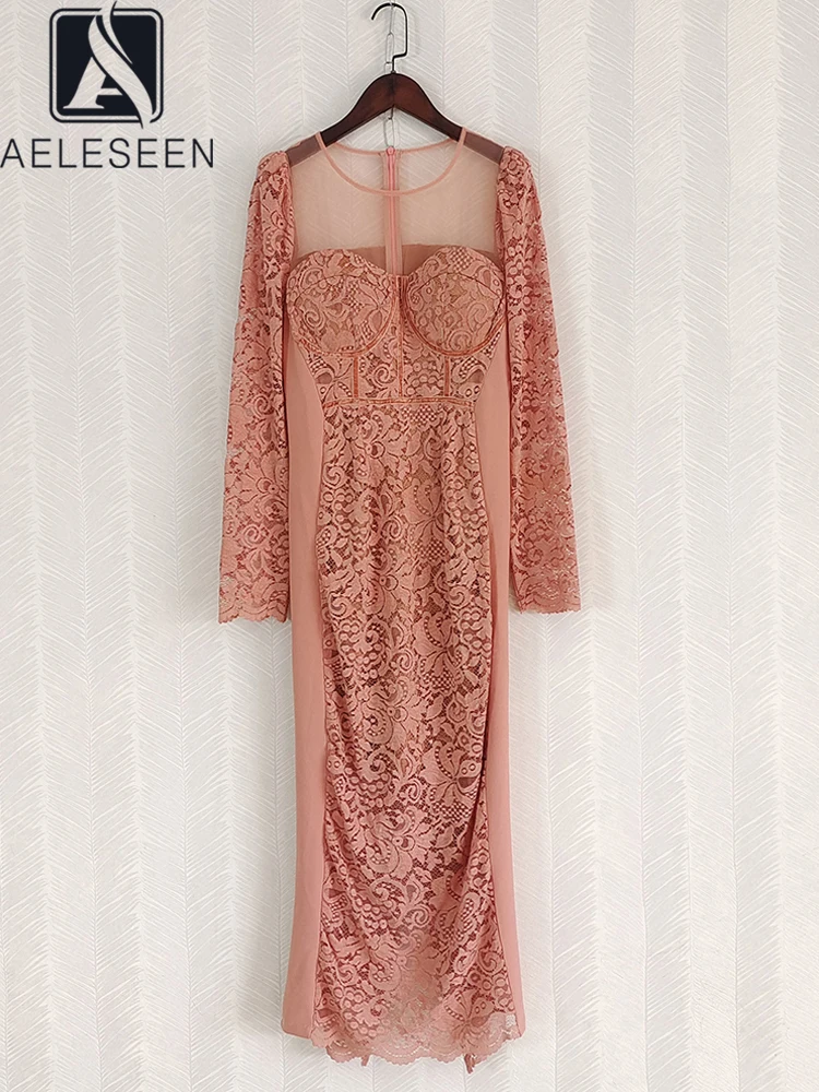 

Женское кружевное длинное платье AELESEEN, розовое Сетчатое платье с цветочным принтом, элегантное облегающее Вечерние