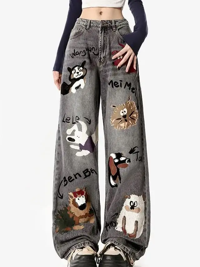 

Cartoon Print Jeans Baggy Jeans Woman Summer New American High Street Straight Tube Women'S Jeans Cartoon Women Pants High Waist