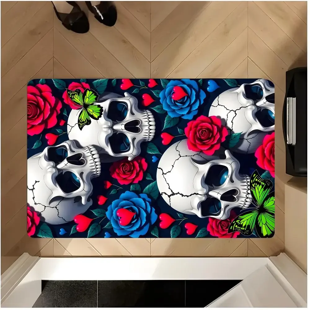 gothic dark floral decorative print Skull And Flower Floor Mat Washable Absorbent Flannel Door Mat Non-Slip Indoor Floor Rug