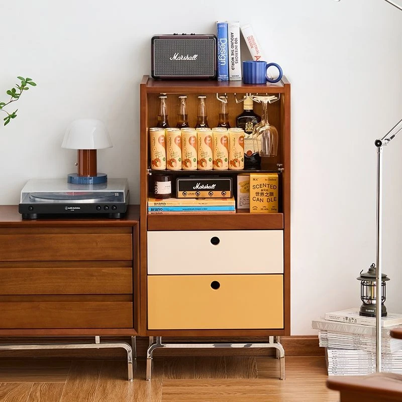 Solid wood small side cabinet, retro color matching living room TV side cabinet