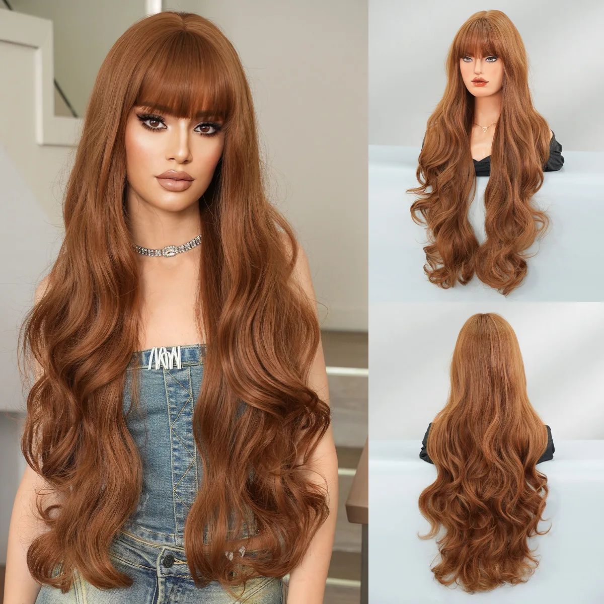 32Inch Matte Long Body Wave Full‑Head Wig With Bangs For Women Fluffy Soft Light‑Weight For Cosplay Party Daily Wear