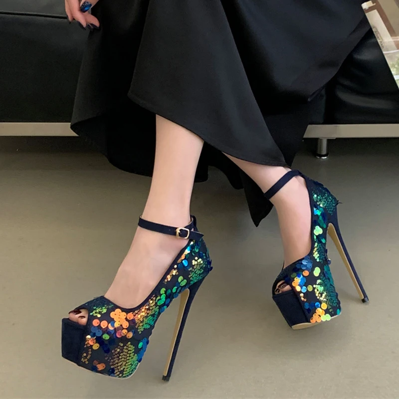 

Liyke Sexy Peep Toe 17CM Extreme High Heels Party Club Stripper Shoes Fashion Mixed Colors Sequined Platform Pumps Women Sandals