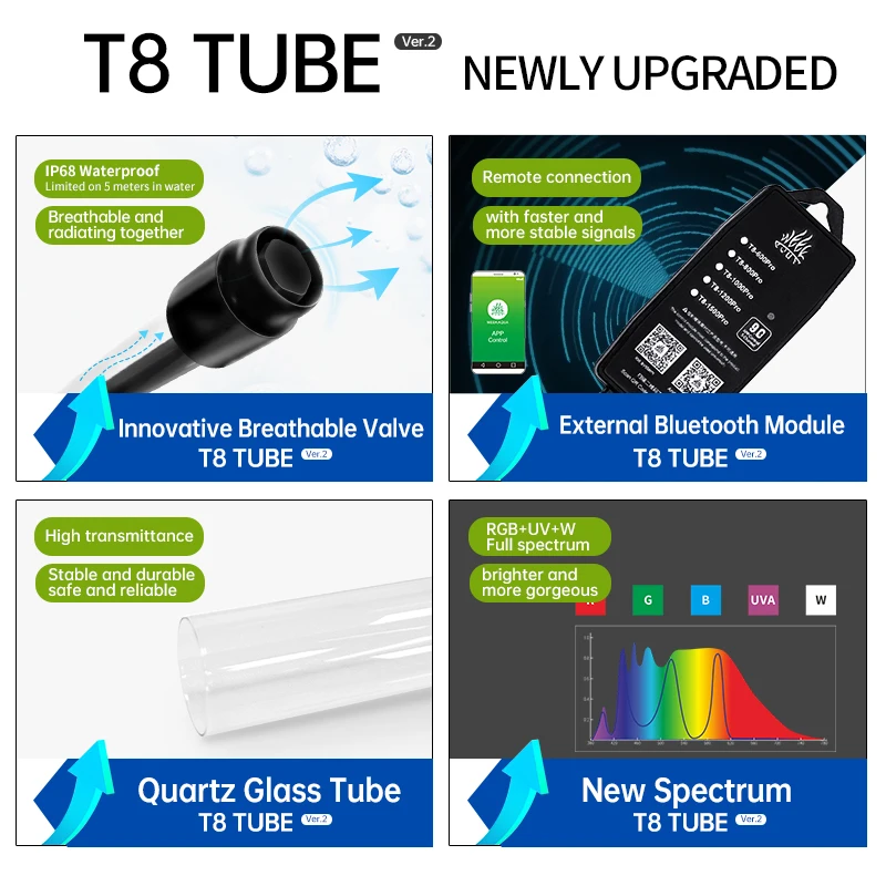 T8 TUBE Series Arowana Tanning Light IP68Submersible Smart APP Customizable Dimming Timing Led Aquarium Light